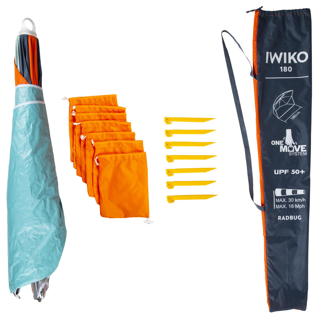 Parasol Abri plage solaire Iwiko 180 menthe gris orange UPF 50+ 3 places