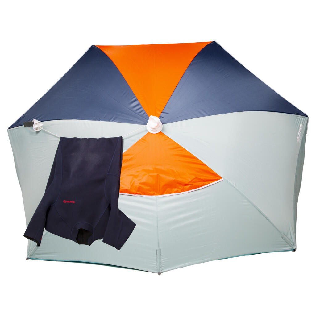 Parasol Abri plage solaire Iwiko 180 menthe gris orange UPF 50+ 3 places