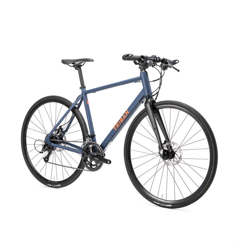 Vélo route cyclotourisme RC 120 flatbar freins à disque bleu marine/orange