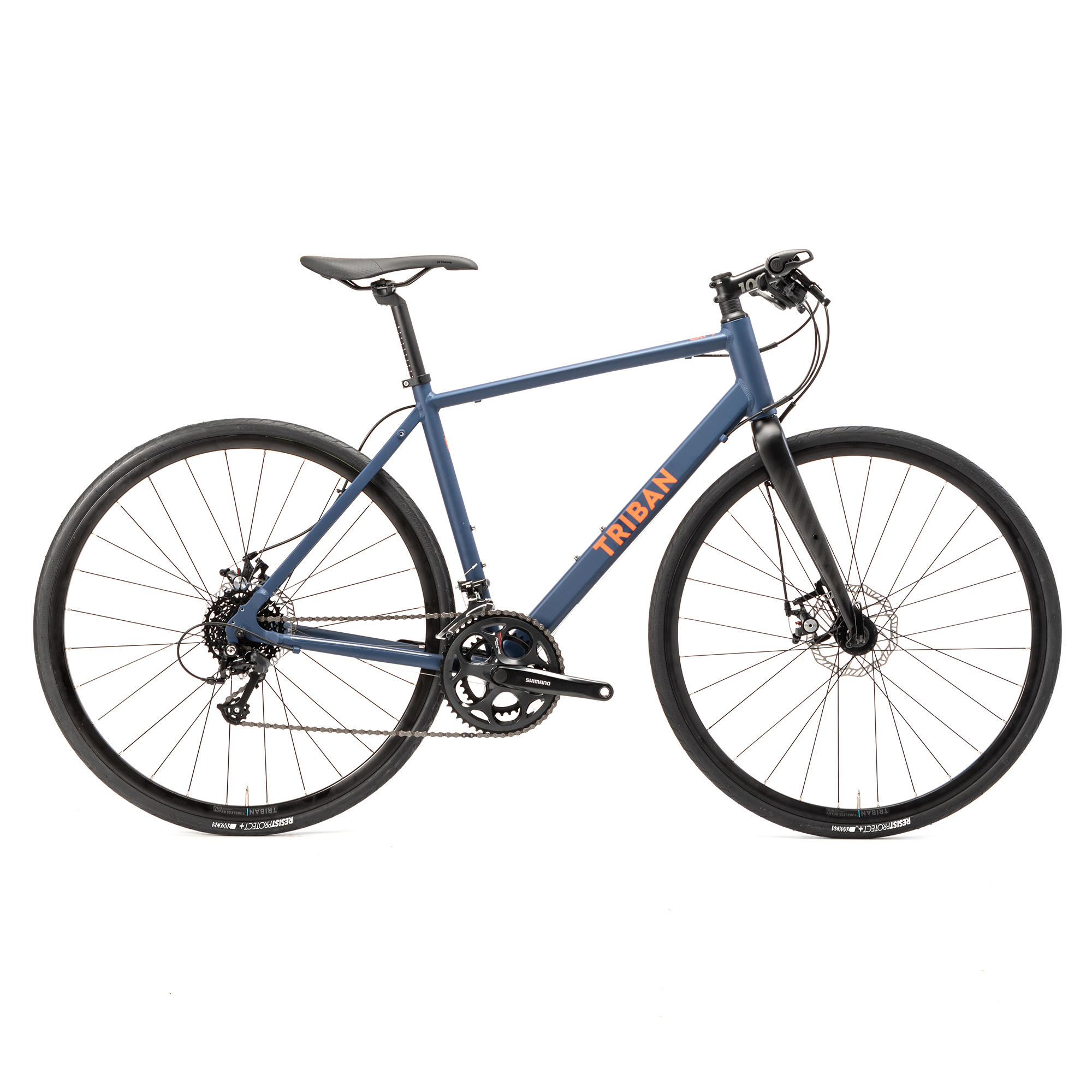 TRIBAN Racefiets voor recreatief fietsen RC120 flat bar schijfremmen  marineblauw oranje | Decathlon
