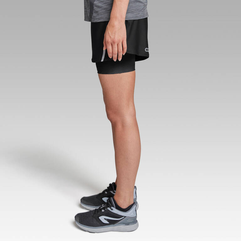 Women's 2-in-1 running shorts with built-in tight shorts Dry - black