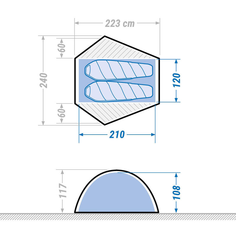 Koepeltent voor trekking 2 personen MT500 grijs