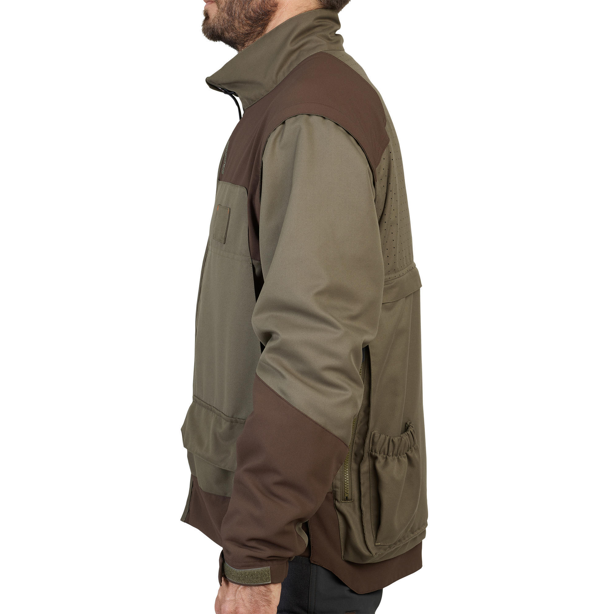 Breathable hunting jacket with removable sleeves 900 green and brown