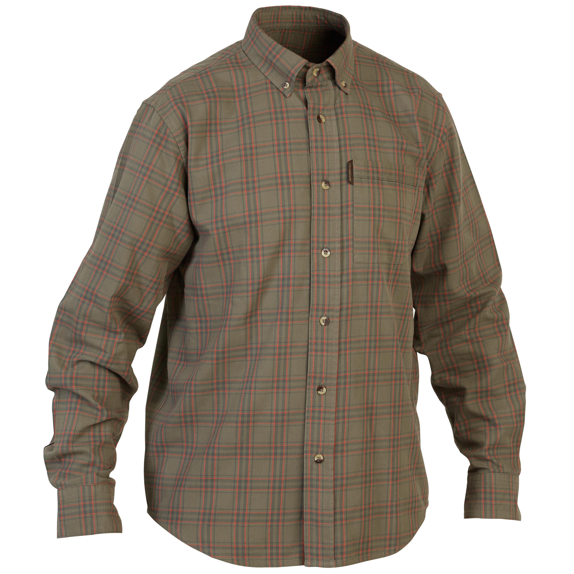 SOLOGNAC Men's Hunting Breathable Cotton Long-sleeved Shirt -100 checked green and red