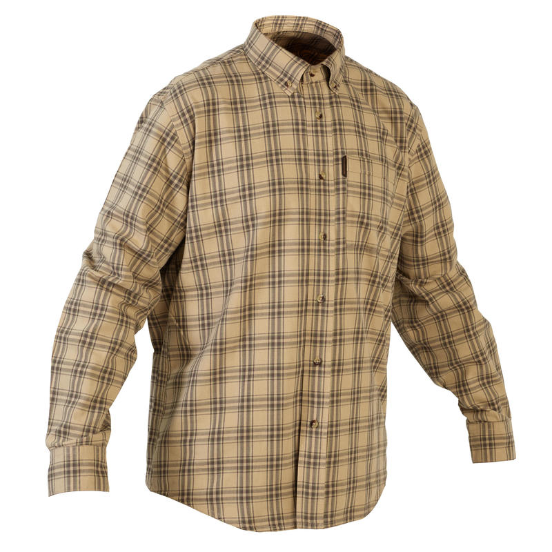 Chemise chasse coton manches longues respirant homme - 100 à carreaux beige.