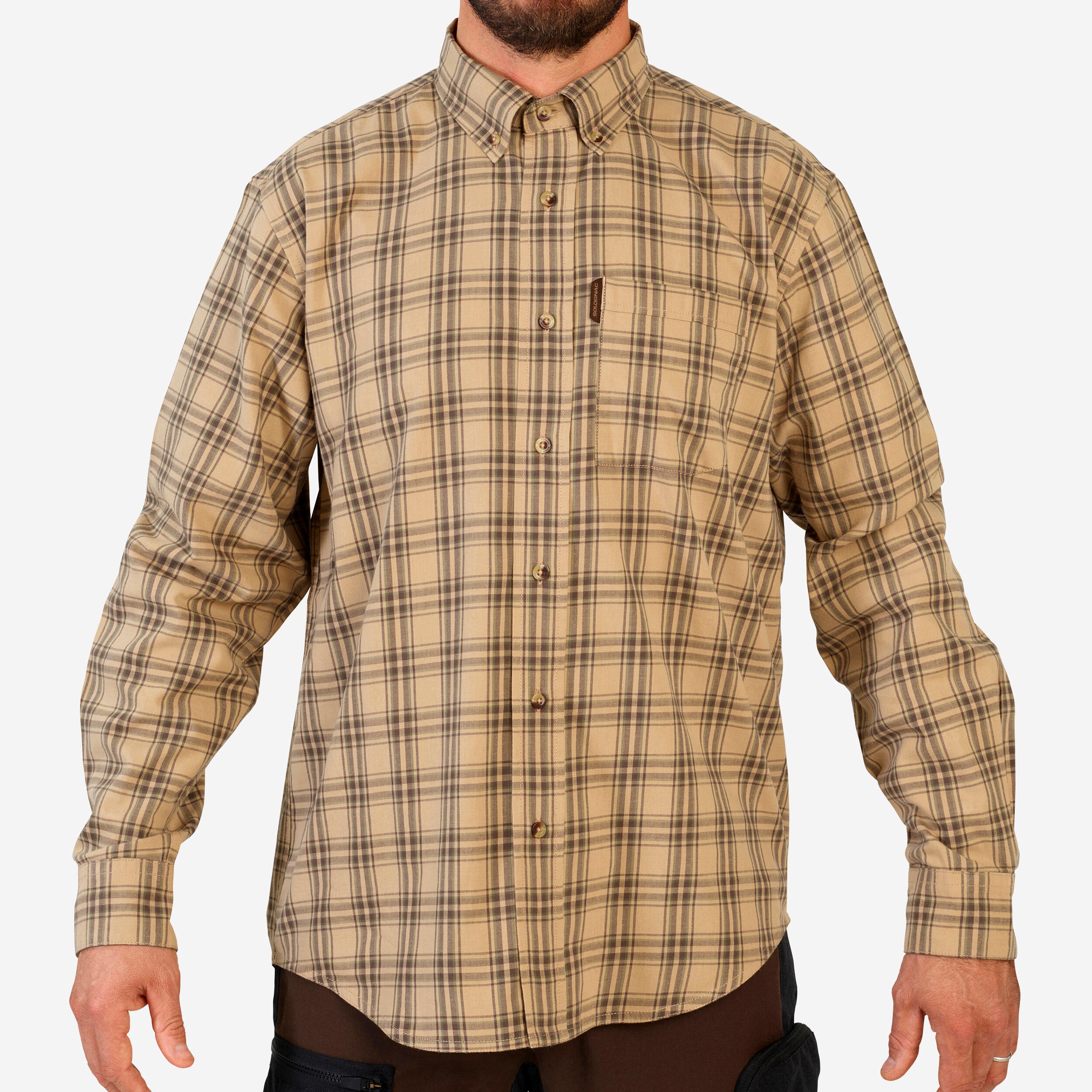 SOLOGNAC Jagdhemd 100 langarm atmungsaktiv beige kariert | 03583787718728