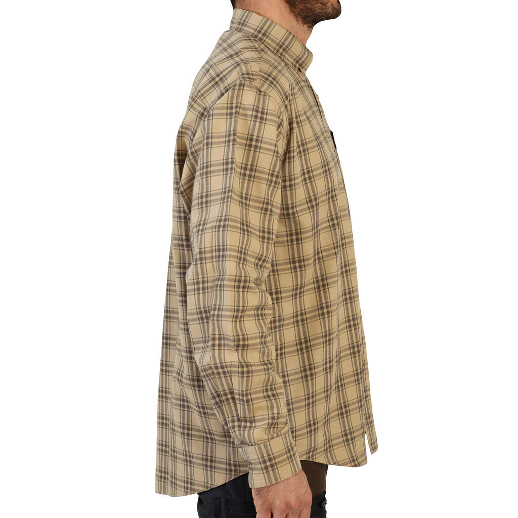 Pánska poľovnícka bavlnená károvaná košeľa 100 s dlhým rukávom priedušná béžová