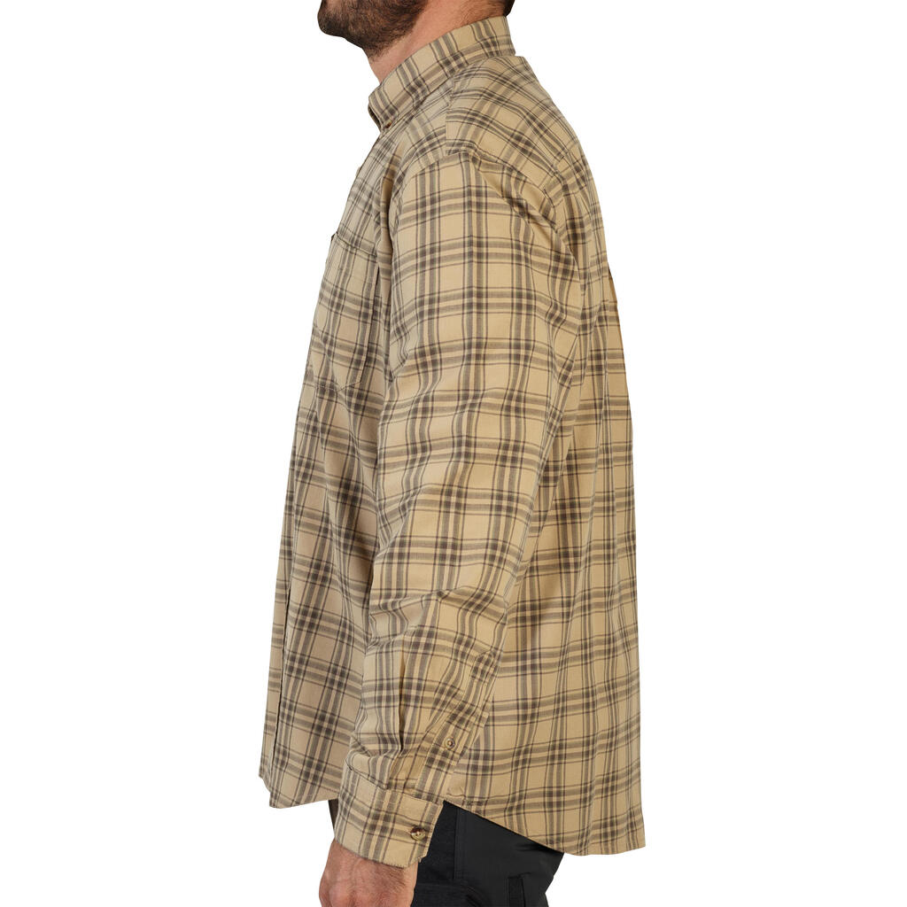 Pánska poľovnícka bavlnená károvaná košeľa 100 s dlhým rukávom priedušná béžová