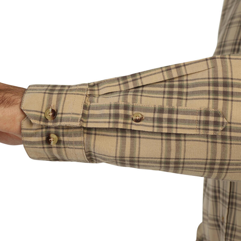 Pánská lovecká bavlněná košile s dlouhým rukávem 100 kostkovaná béžová