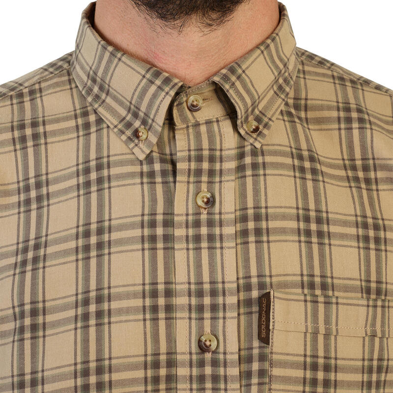Pánská lovecká bavlněná košile s dlouhým rukávem 100 kostkovaná béžová