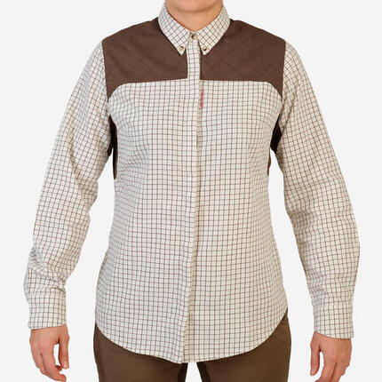 CHEMISE CHASSE MANCHES LONGUES COTON FEMME RESPIRANTE À CARREAUX BEIGE 500.