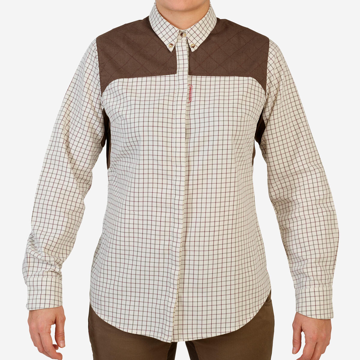CHEMISE CHASSE MANCHES LONGUES COTON FEMME RESPIRANTE À CARREAUX BEIGE 500.