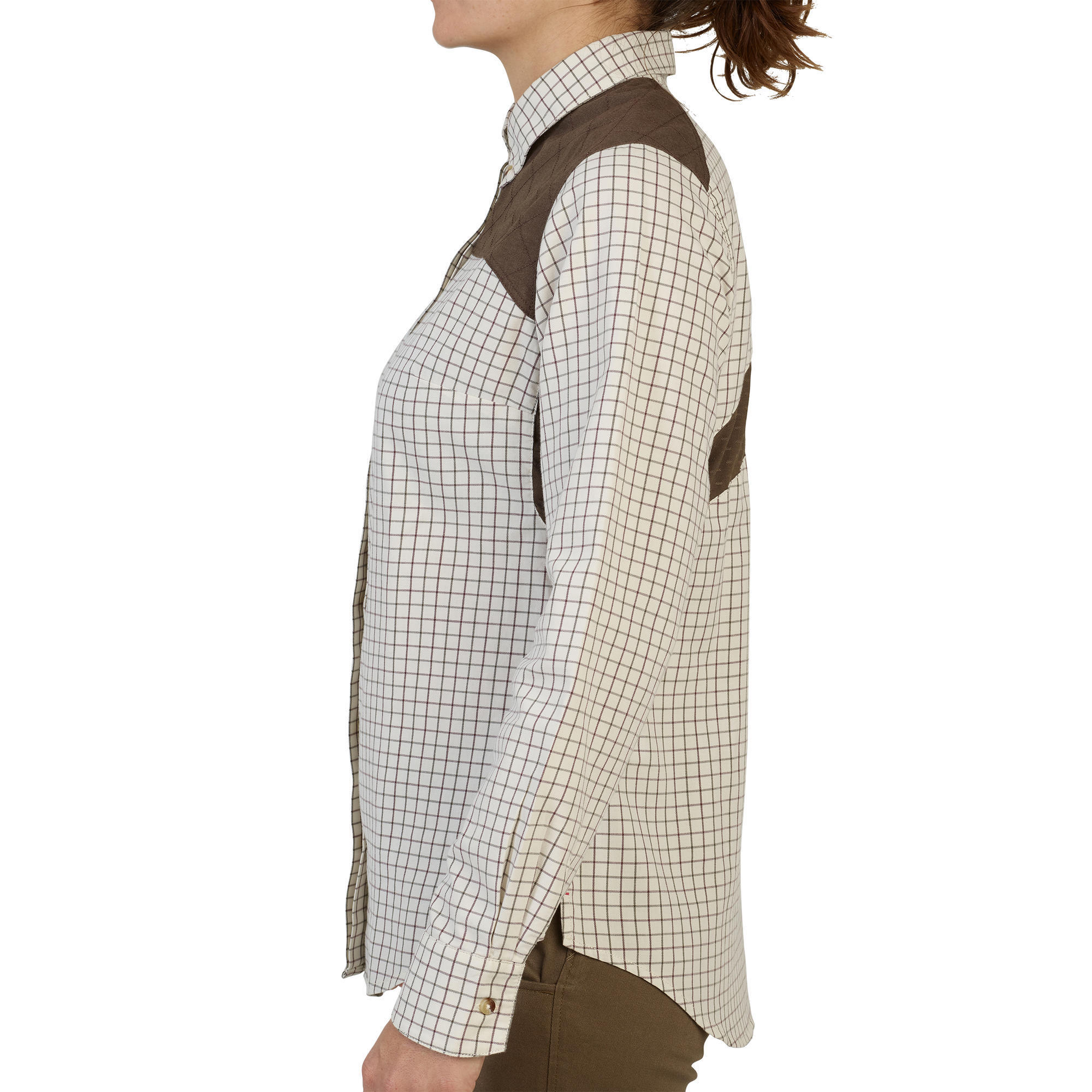 WOMEN'S BREATHABLE COTTON HUNTING SHIRT WITH BEIGE 500 CHECKS.