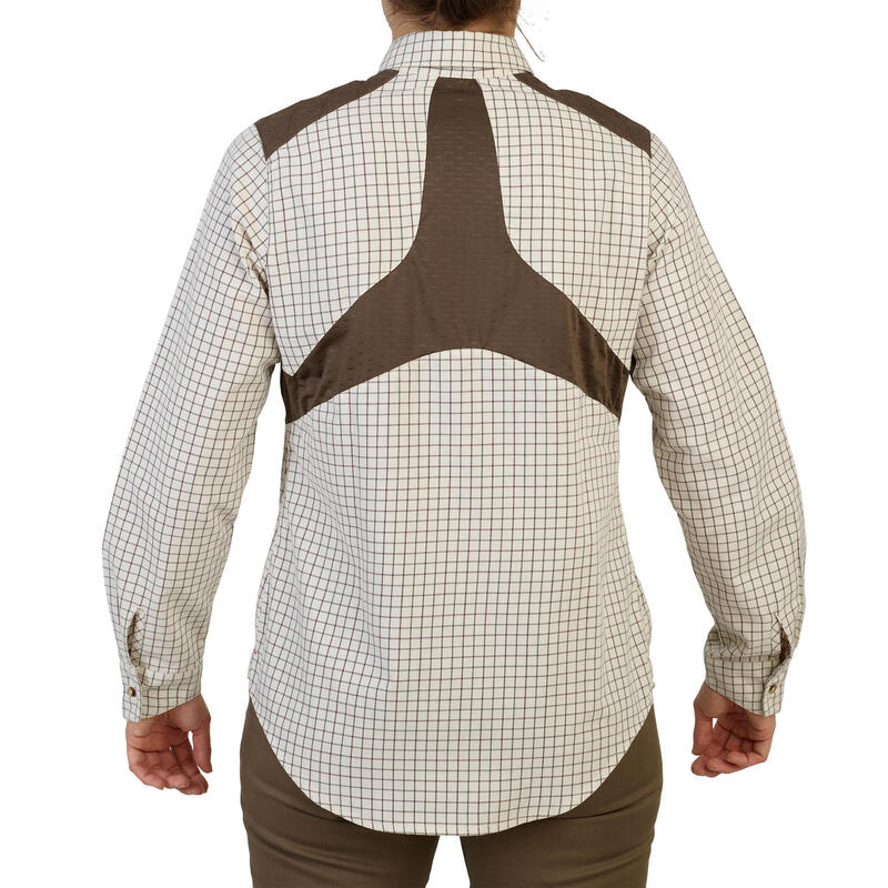 Dámská lovecká bavlněná košile s dlouhým rukávem prodyšná 500 kostkovaná béžová