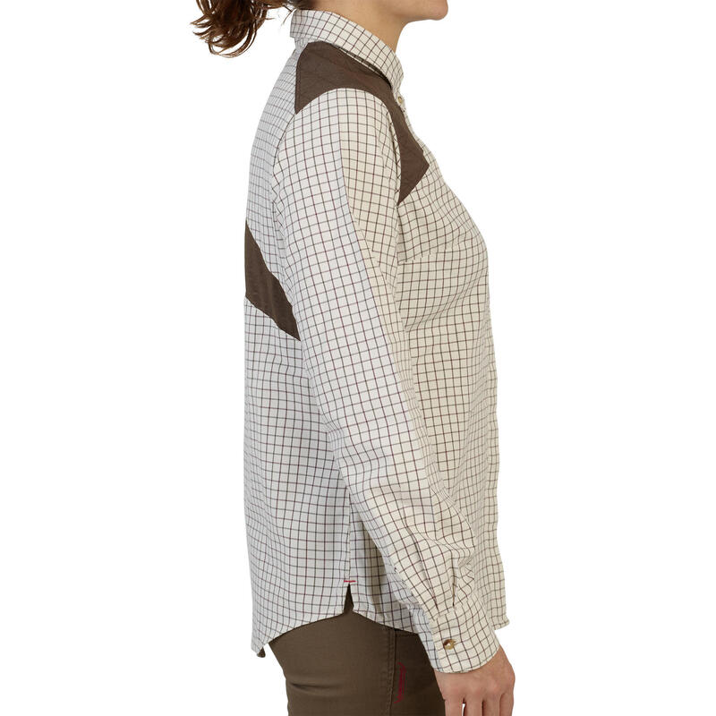 Dámská lovecká bavlněná košile s dlouhým rukávem prodyšná 500 kostkovaná béžová