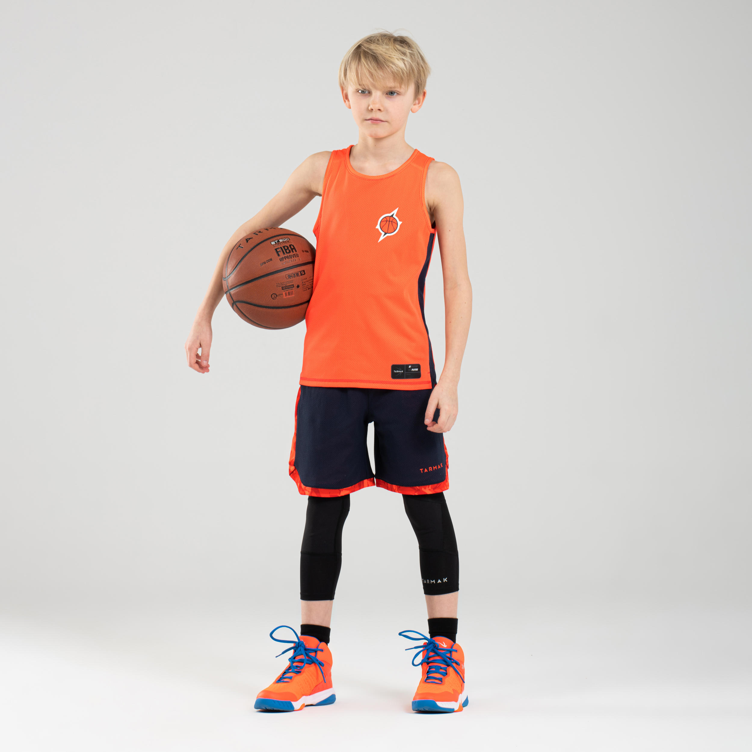 Kids' Intermediate Reversible Sleeveless Basketball Jersey T500R - Navy/Orange 7/7