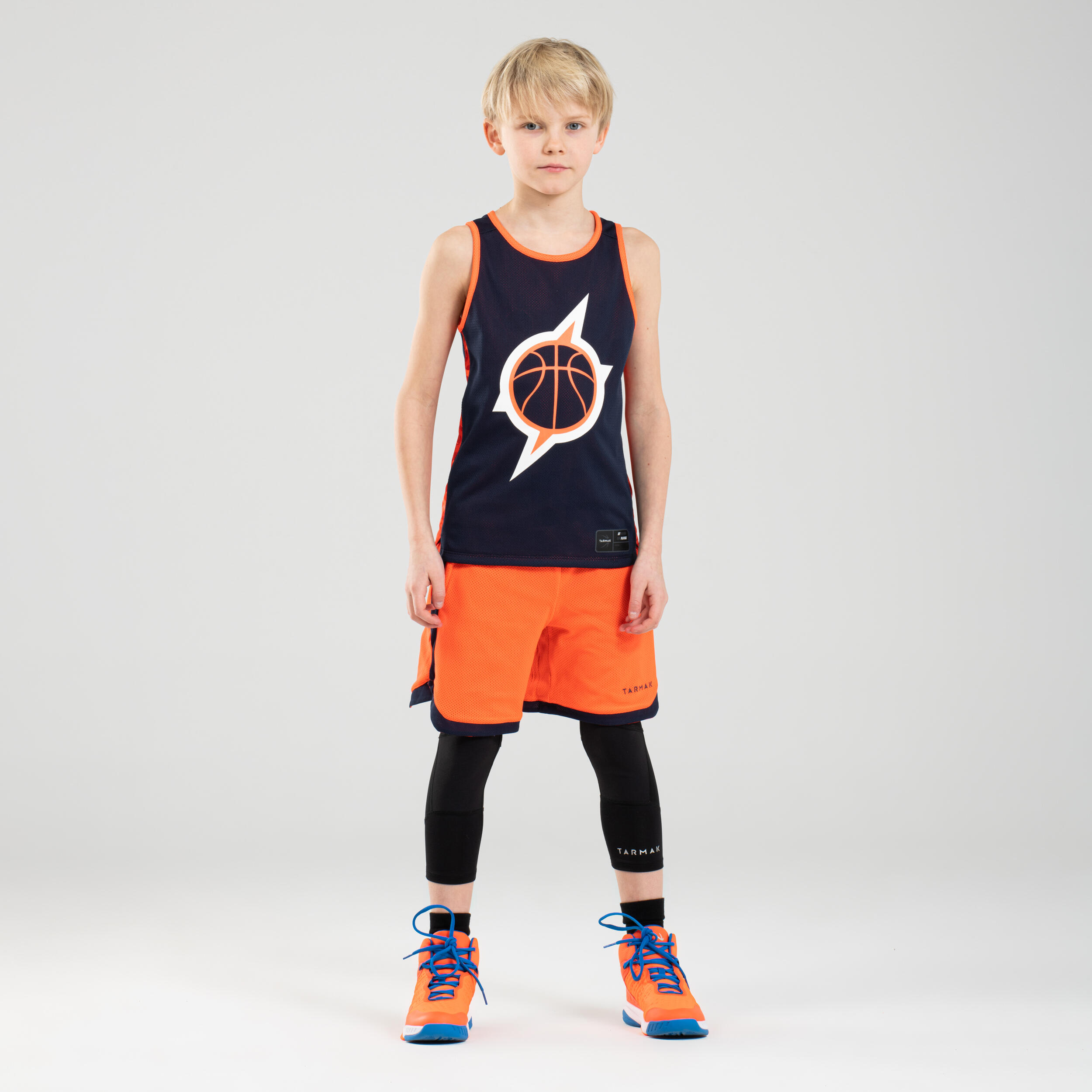 Boys'/Girls' Intermediate Reversible Basketball Shorts SH500R - Navy/Orange 7/7