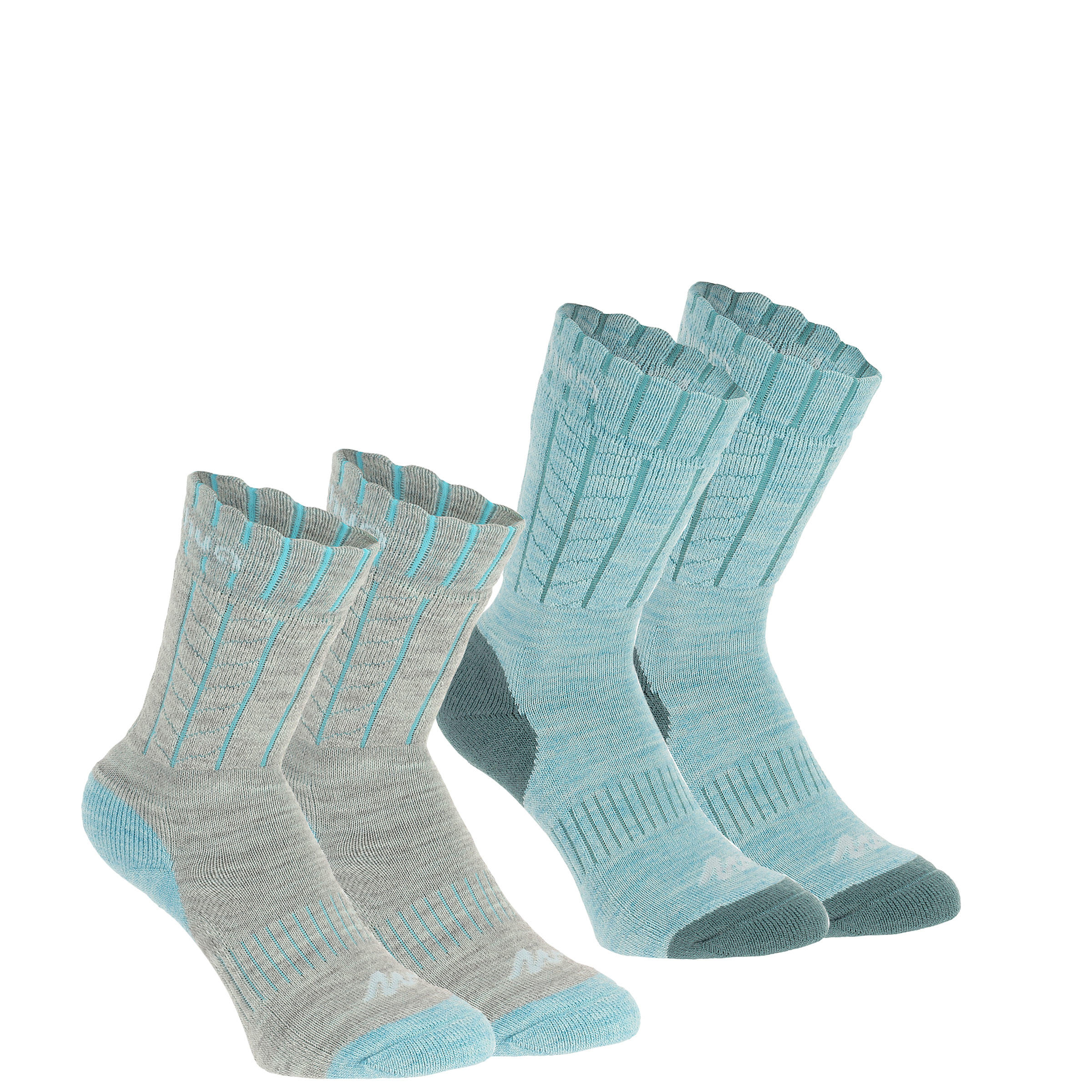 QUECHUA 2 pairs of Arpenaz warm winter hiking socks in grey/blue and blue.