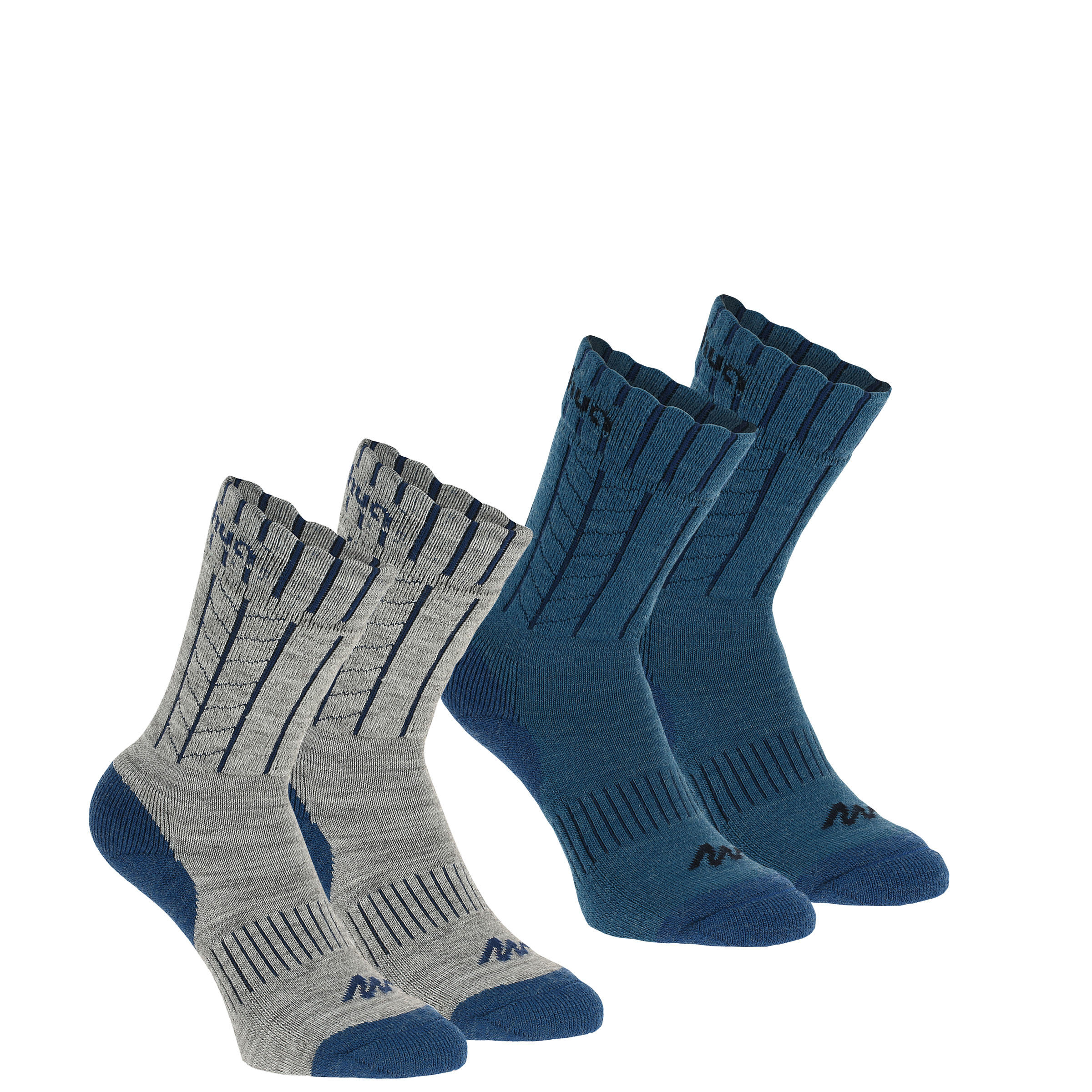 QUECHUA Arpenaz Warm Hiking Socks - Grey/Blue and Blue, 2 Pairs