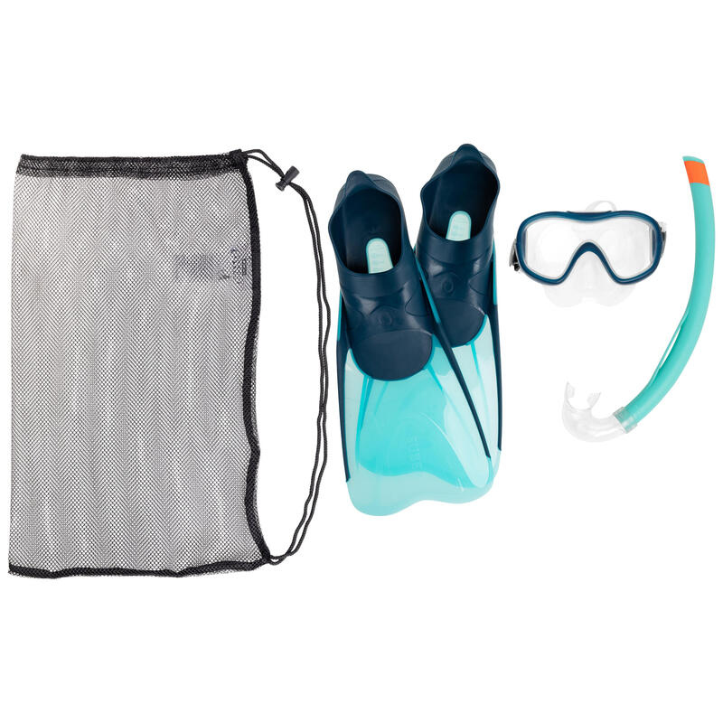 Kit de snorkeling enfant palmes masque tuba SNK 500 bleu gris menthe pastel  pour les clubs et collectivités