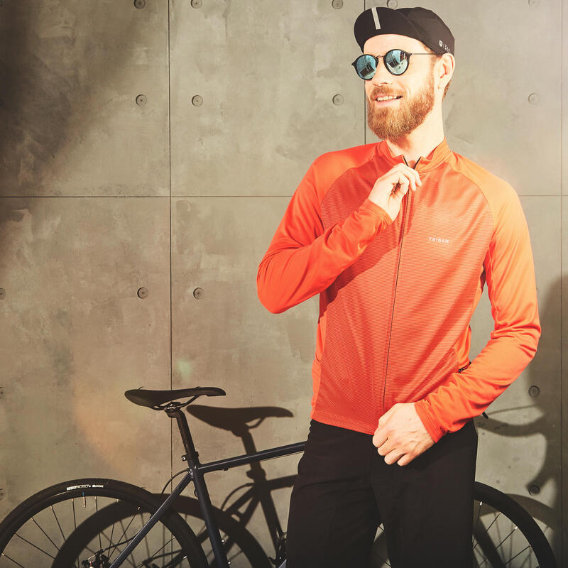 Maillot ciclismo manga larga Proteccion UV Verano hombre Triban RC100 rojo