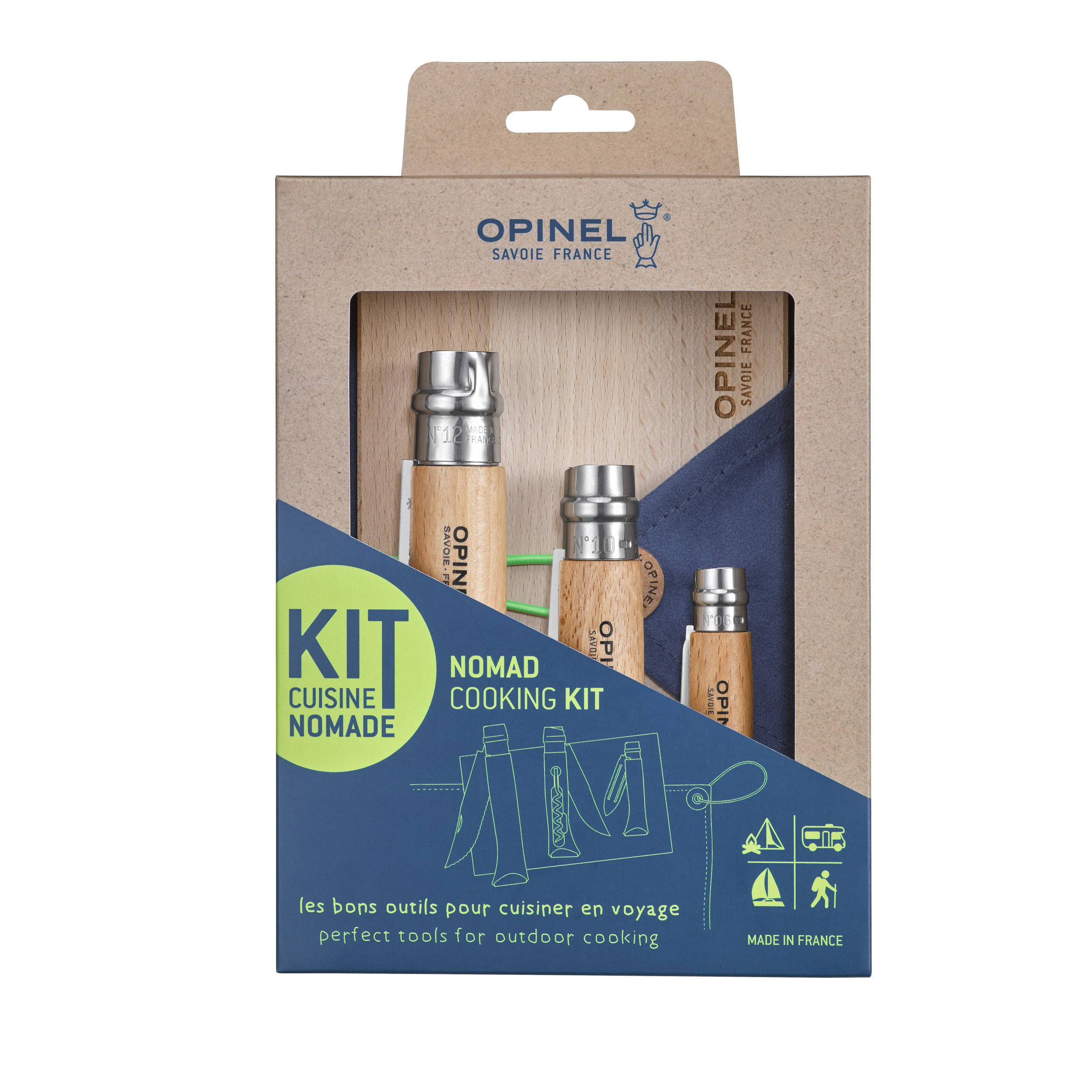 Kit Gătit Opinel (3 cuțite + blat pentru tăiere + prosop) decathlon.ro  Articole pentru camping