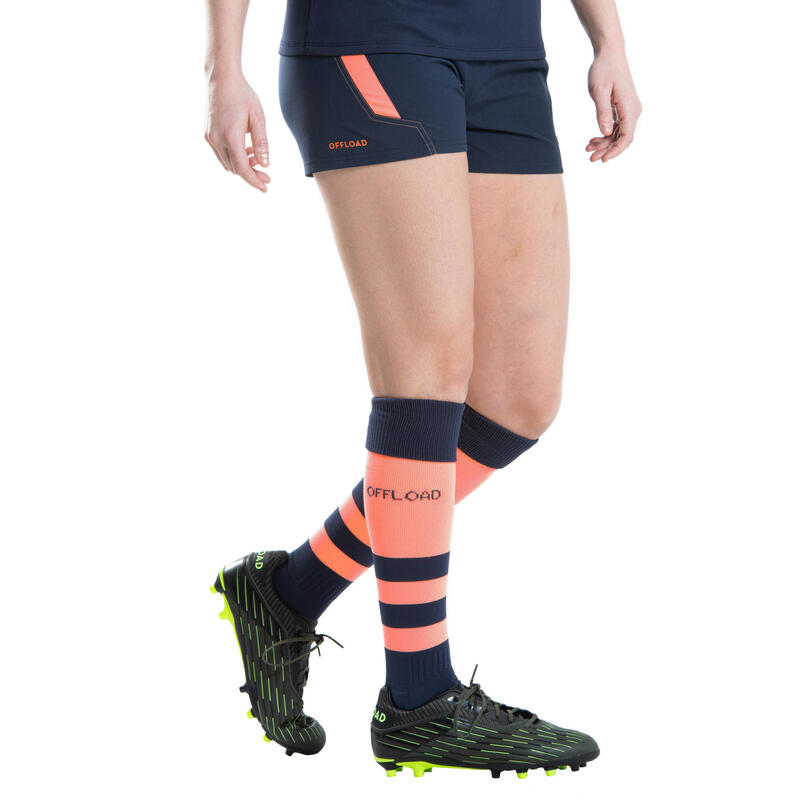 Pantalón corto de Rugby Mujer Offload R500 azul marino rojo coral