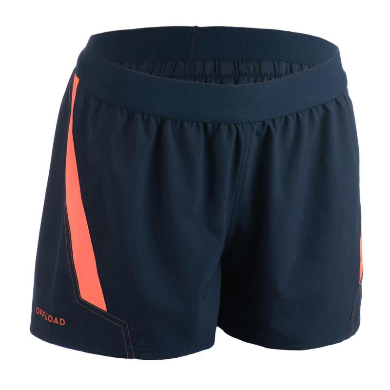 Pantalón corto de Rugby Mujer Offload R500 azul marino rojo coral