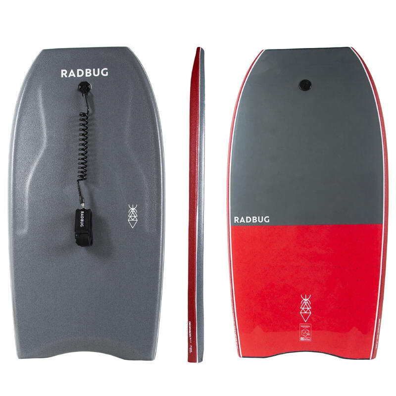 Bodyboard 500 gris rouge avec leash biceps