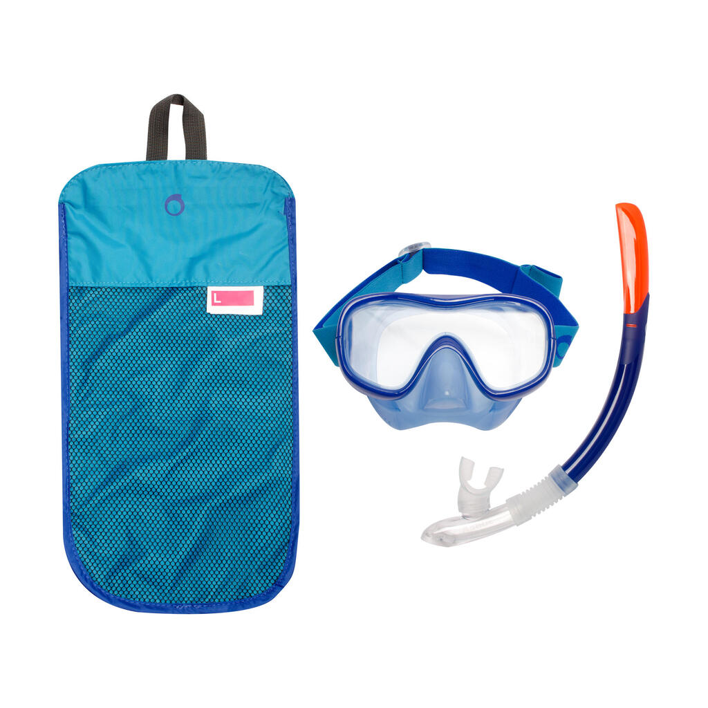 Pieaugušo niršanas komplekts: maska un snorkelēšanas snorkelis 100, gaiši zils