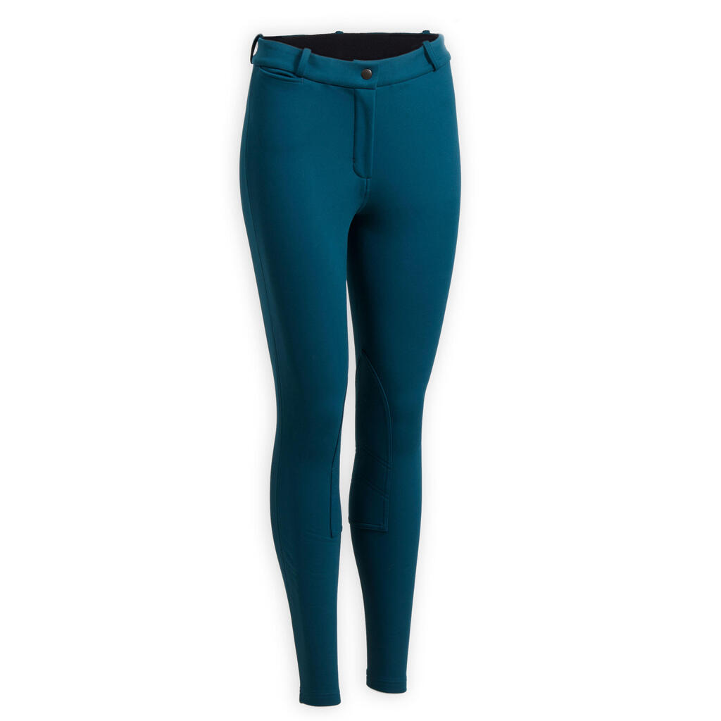 Winter-Reithose 100 Warm Kniebesatz Stoff Damen petrolblau