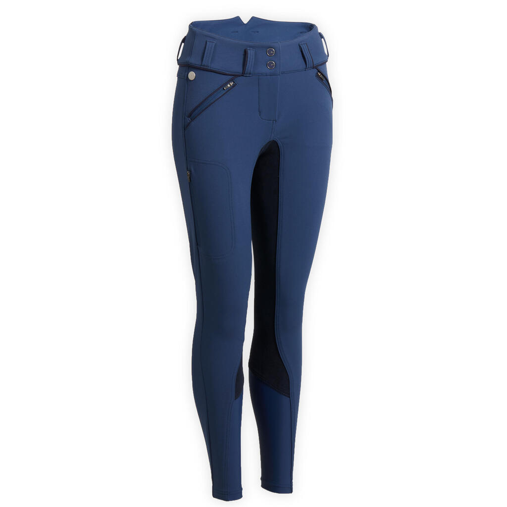 Reithose 900 High Waist Vollbesatz Kunstleder Damen dunkelblau
