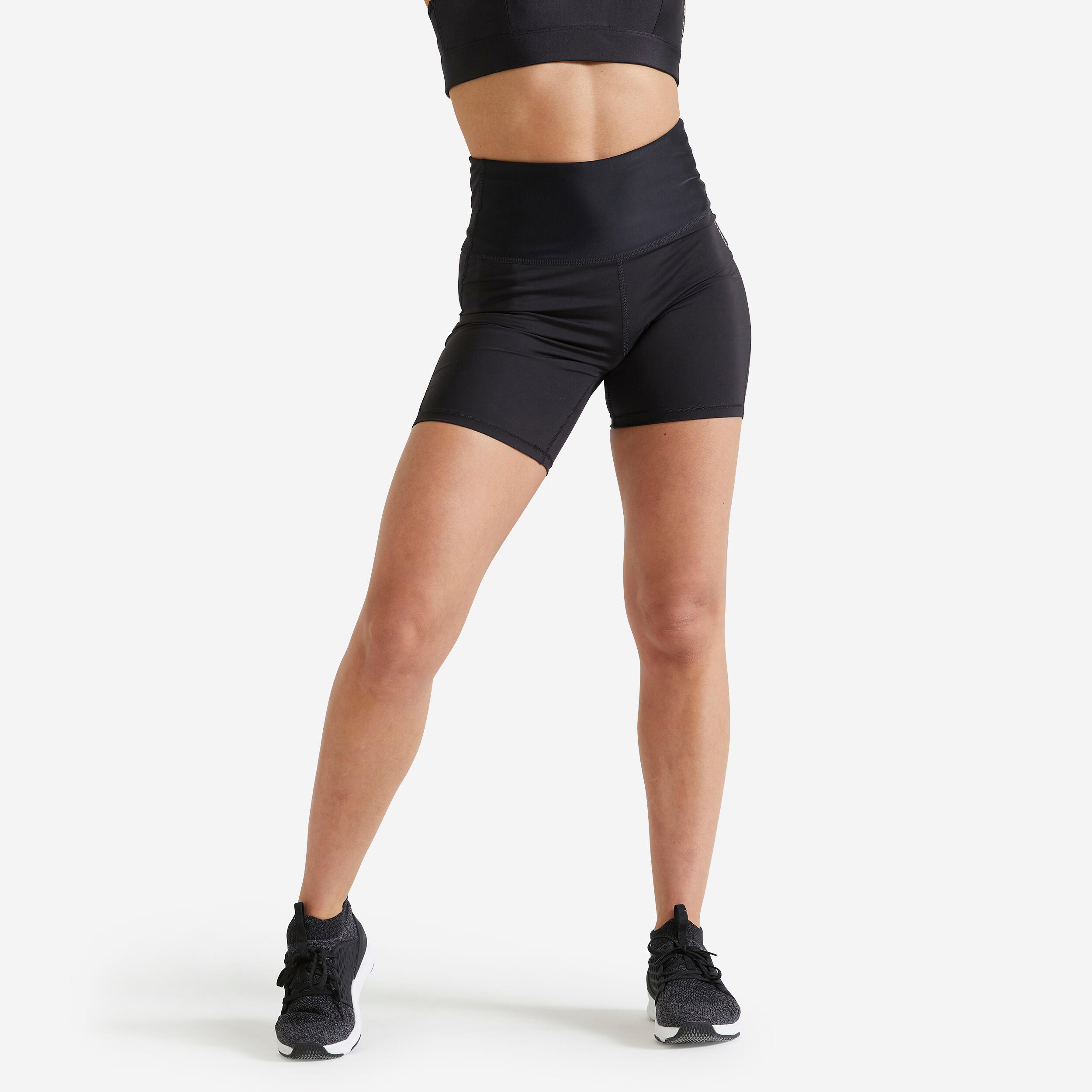 Pantalon scurt 500 Fitness Cardio cu talie înaltă Negru Damă La Oferta Online decathlon imagine La Oferta Online