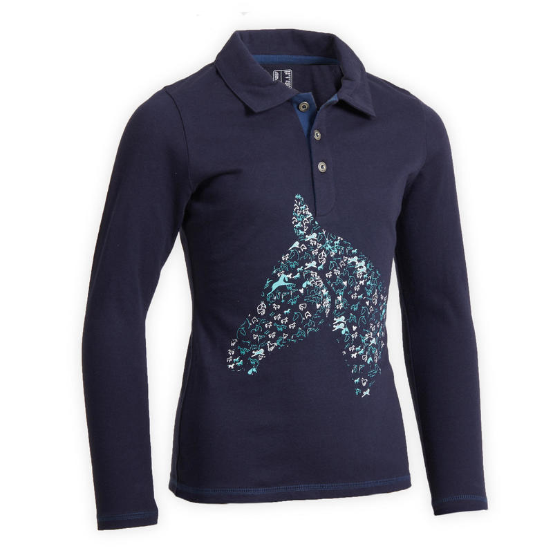 Girls' Horse Riding LongSleeved Polo Shirt 100 Navy/Turquoise