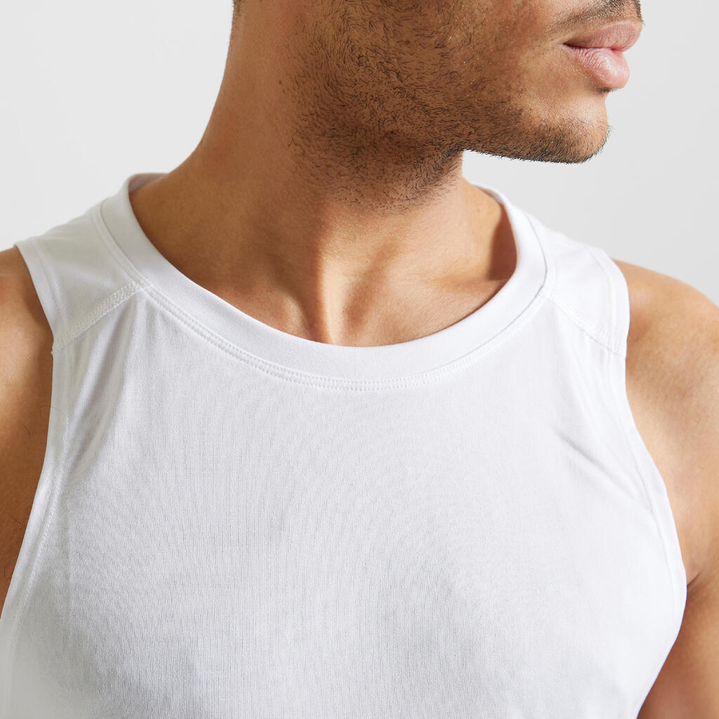 Vīriešu elpojošs fitnesa bezpiedurkņu krekls ar apaļu kaklu “Essential”, balts