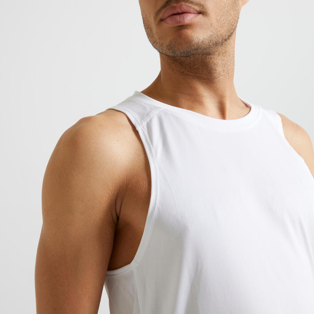 Vīriešu elpojošs fitnesa bezpiedurkņu krekls ar apaļu kaklu “Essential”, balts
