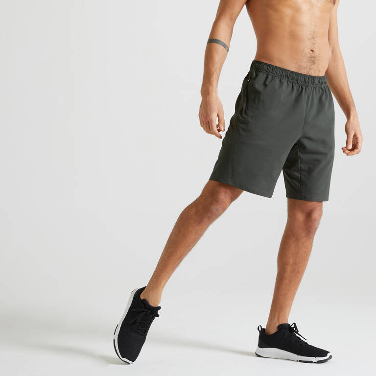 Men Sports Gym Shorts   Polyester With Zip Pockets - Plain Khaki