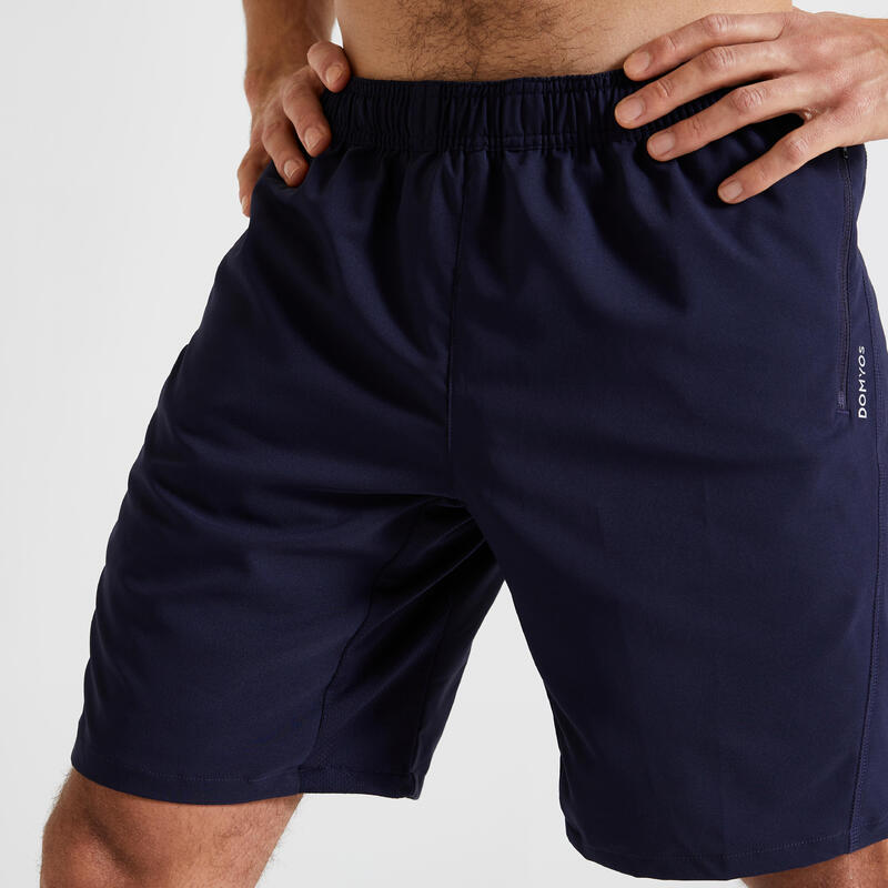 Ademende basic fitness short voor heren zakken met rits marineblauw