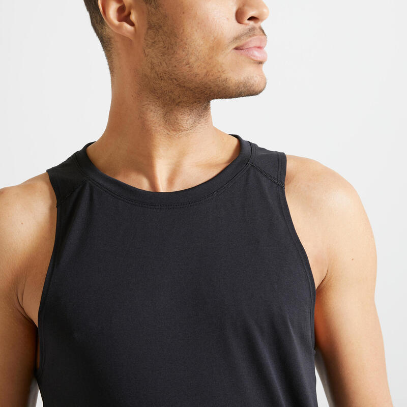 Ademend mouwloos fitnessshirt voor heren Essential ronde hals zwart