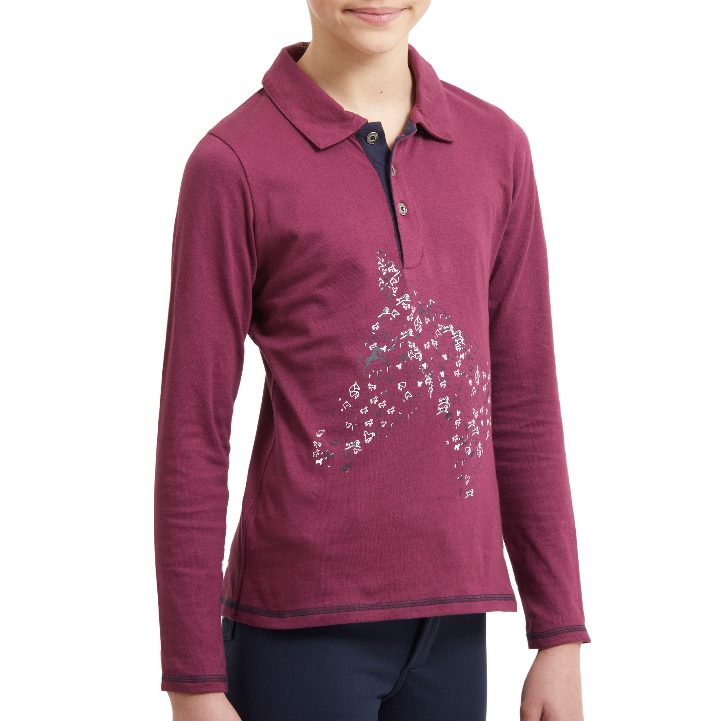 Girls' Long-Sleeved Horse Riding Polo Shirt 100 - Plum 5/6