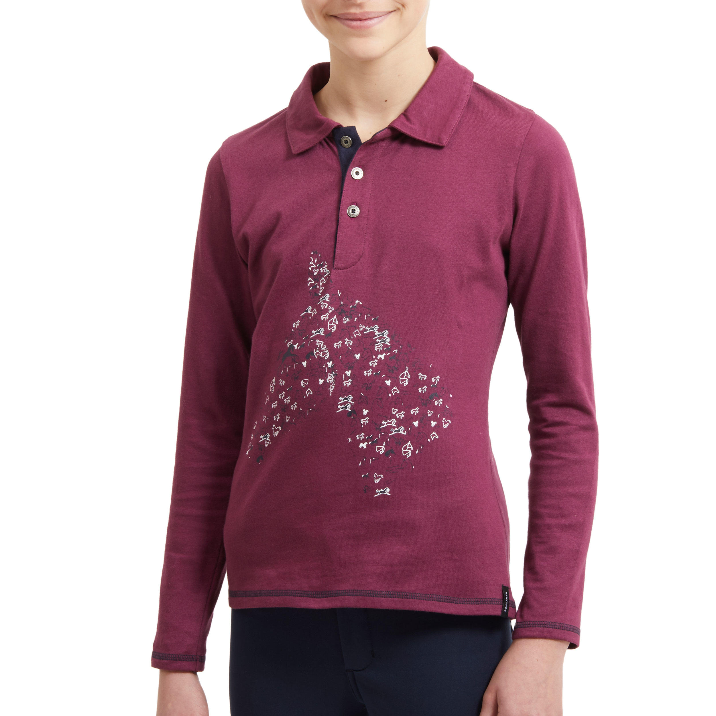 Girls' Long-Sleeved Horse Riding Polo Shirt 100 - Plum 3/6