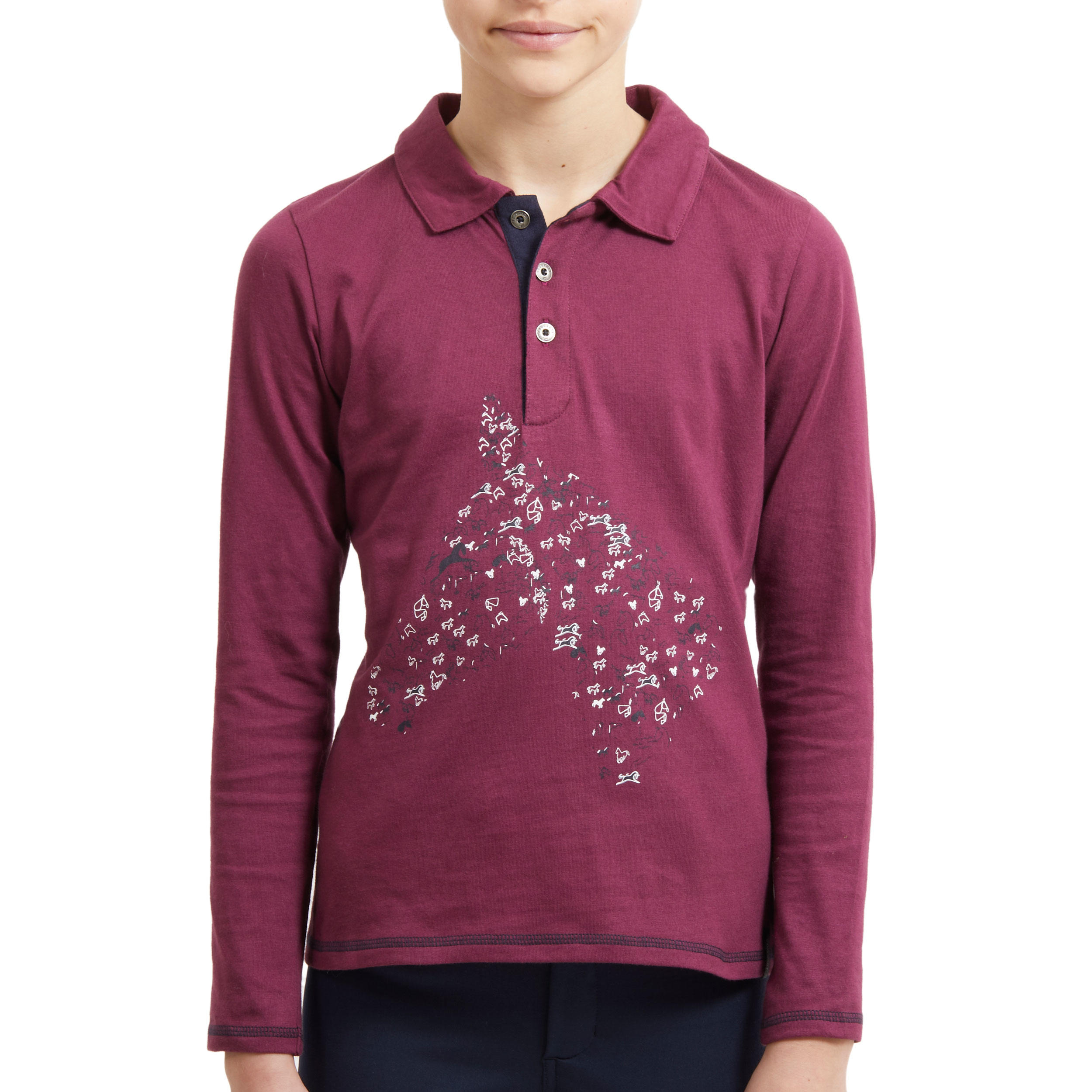 Girls' Long-Sleeved Horse Riding Polo Shirt 100 - Plum 2/6