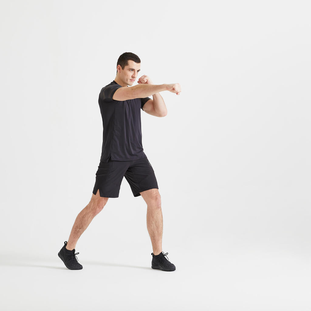 Pánske tričko FTS 500 na fitness a kardiotréning kaki-čierne 