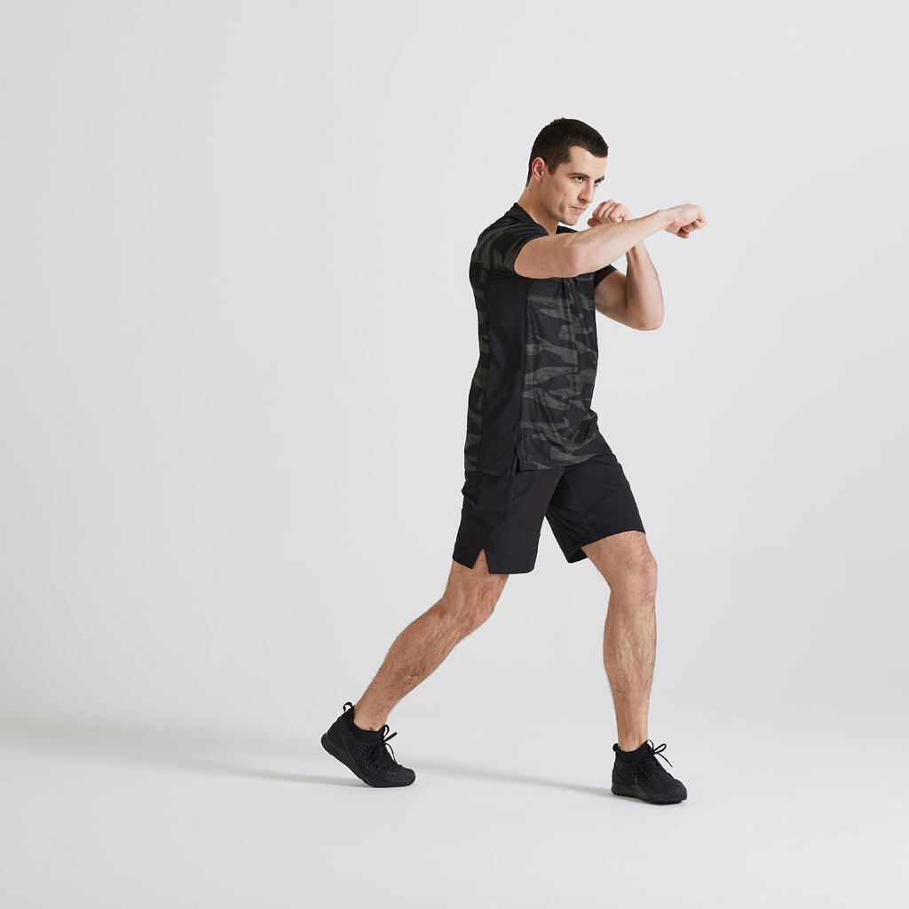 Pánske tričko FTS 500 na fitness a kardiotréning kaki-čierne 