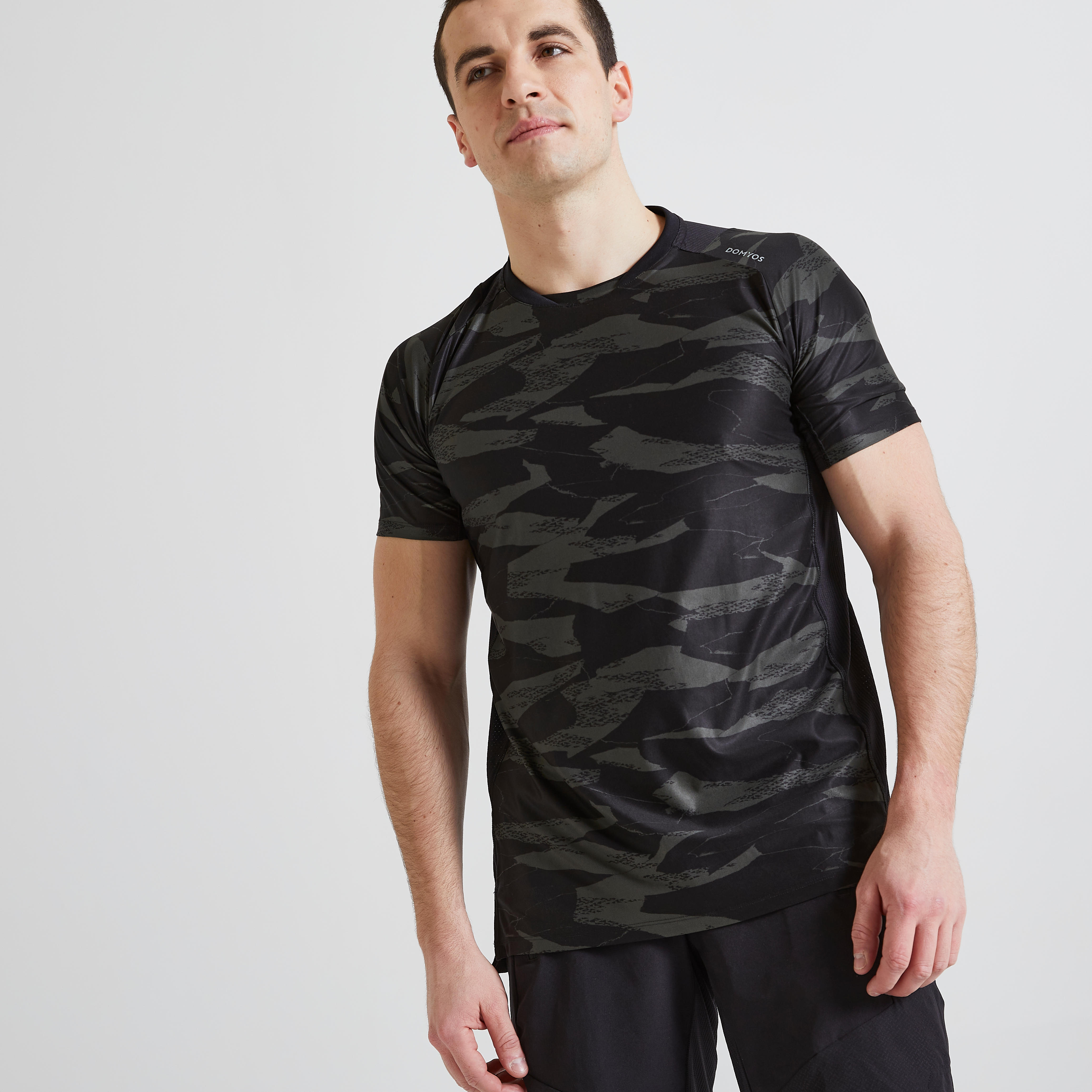 T shirt Fitness Cardio Training homme kaki imprime camo 500 Decathlon