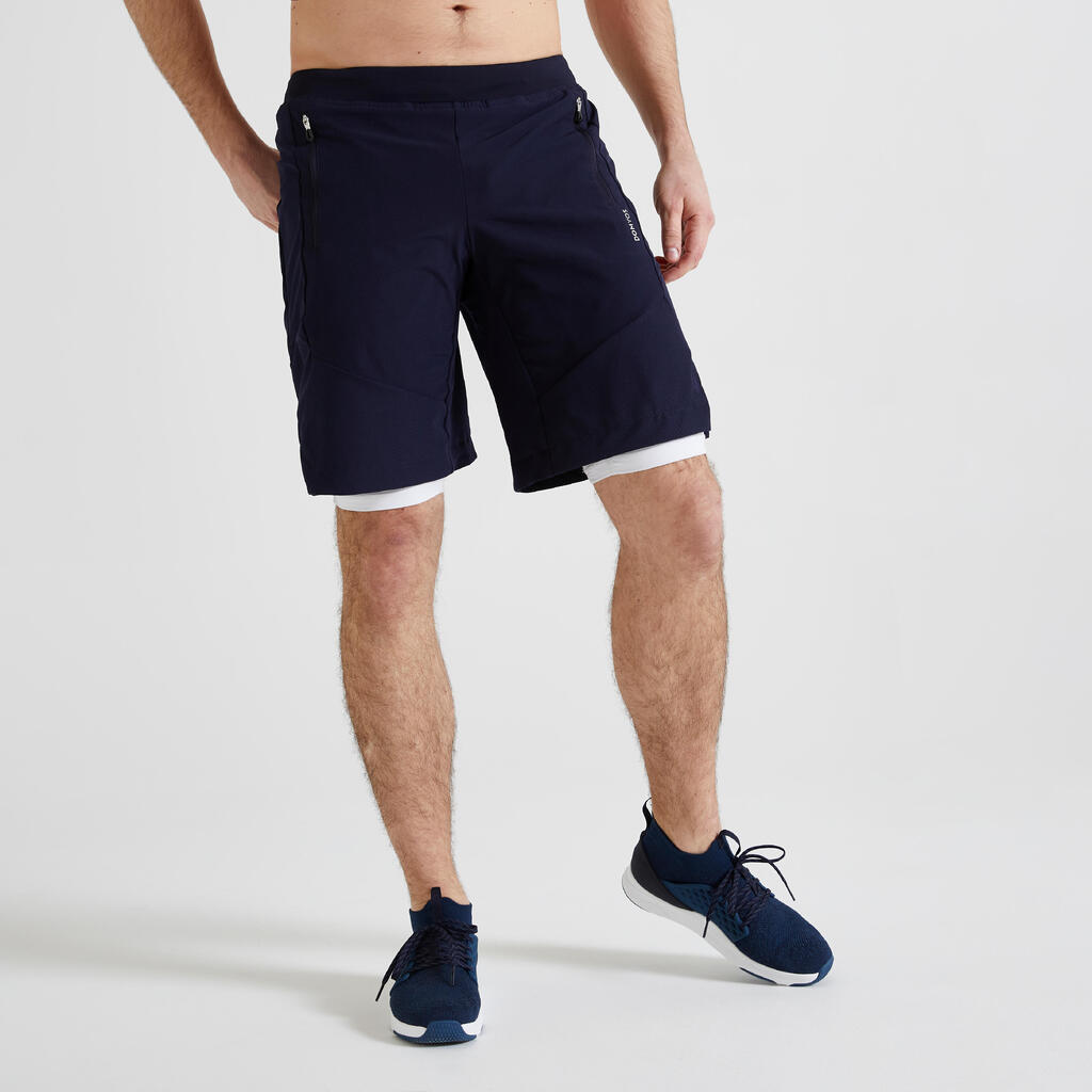 Men's 2-in1 fitness cardio training shorts 500 - navy blue