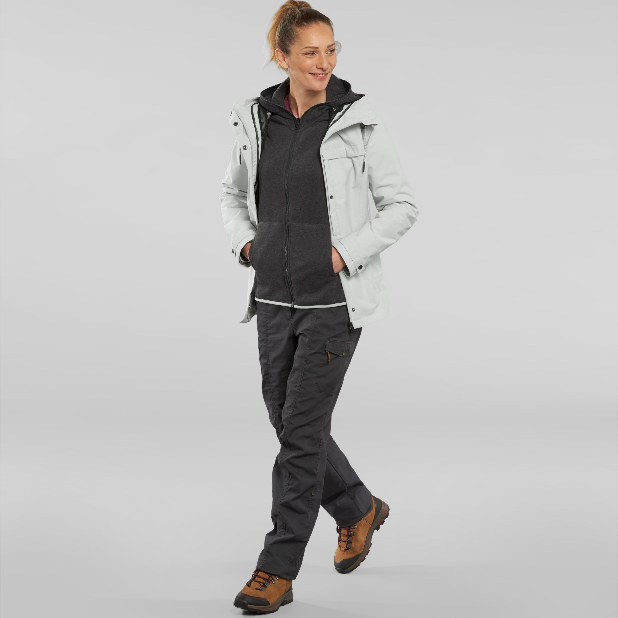 Women's 3in1 Waterproof Comfort 0°C Travel Trekking Jacket-TRAVEL100 Light Grey 10/12