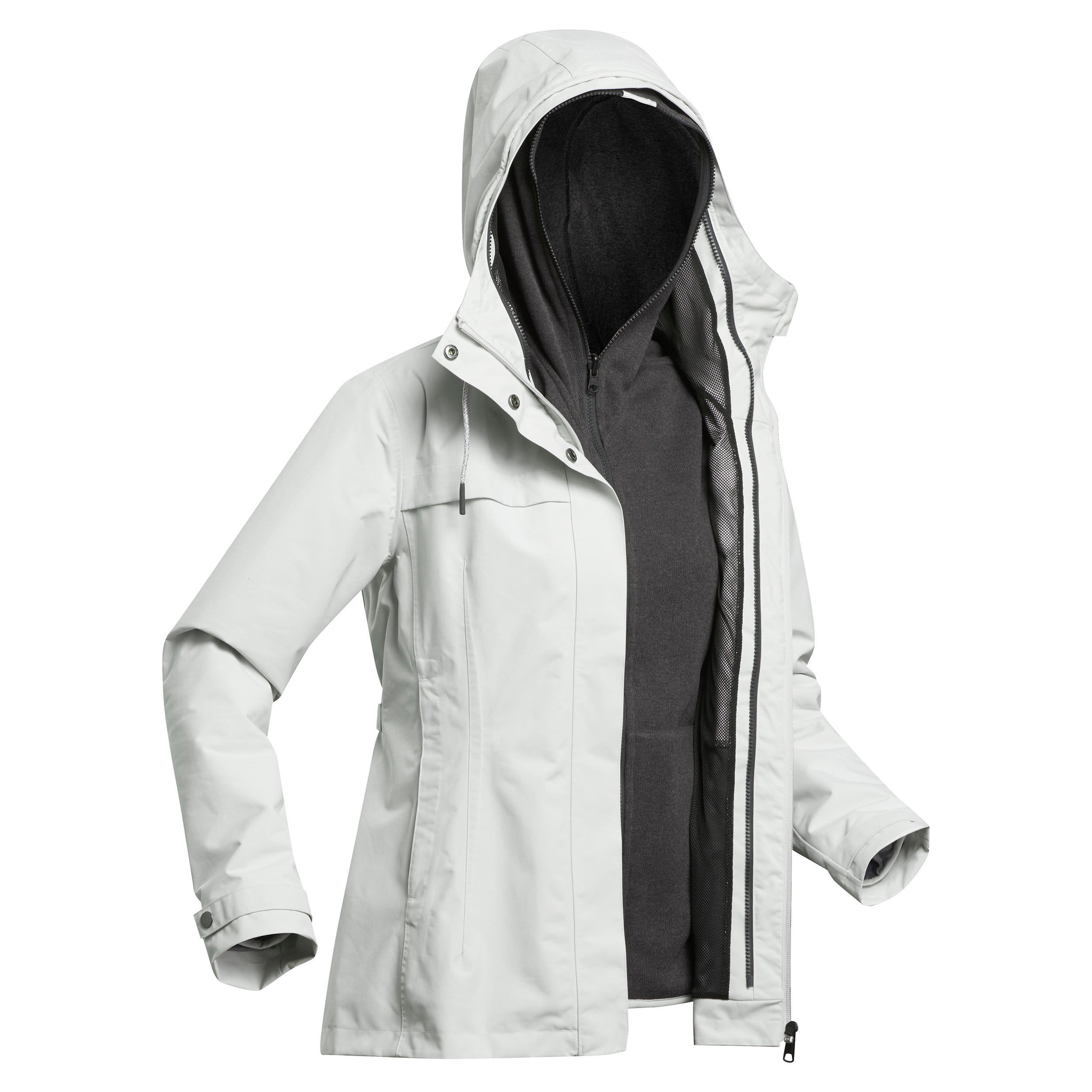 Women's 3in1 Waterproof Comfort 0°C Travel Trekking Jacket-TRAVEL100 Light Grey 3/12