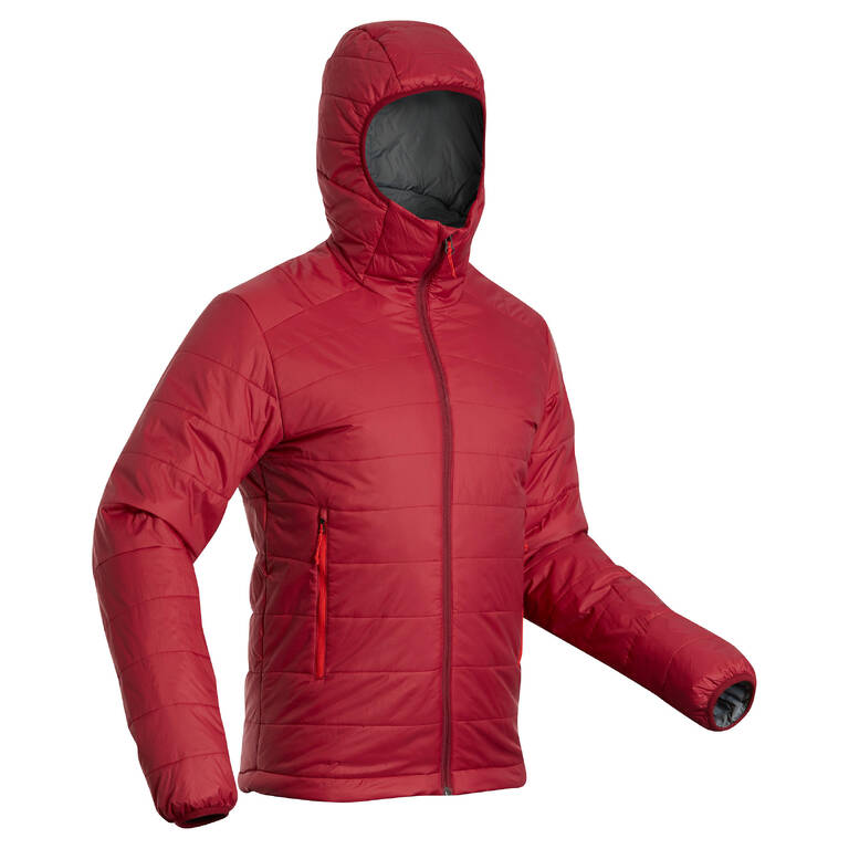 Men's Synthetic Mountain Trekking Padded Jacket - TREK 100 with hood  -5°C - Red