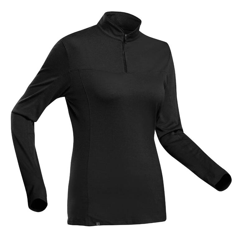 Women's Mountain Trekking Merino Wool T-Shirt and Zip Collar Trek 500 - Black